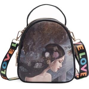 Mini Backpack Crossbody Bag – Artistic Woman Print w/ Colorful “LOVE” Strap